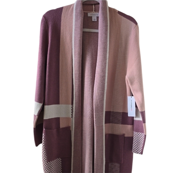 LIZ CLAIBORNE WOMEN'S MULTIPLE MAUVES AND WHITE LONG OPEN CARDIGAN SIZE LARGE - Picture 2 of 16